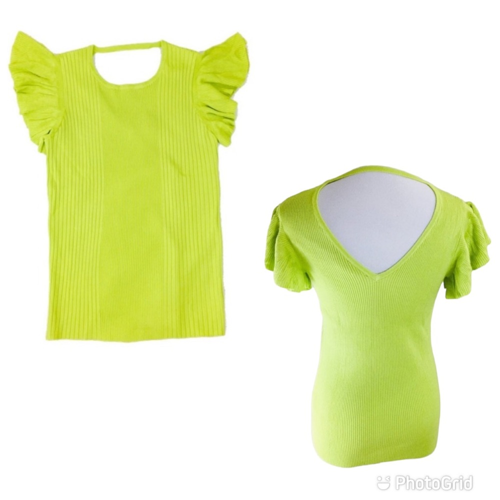 THE LIMITED Wild Lime Green Vibrant Ribbed Flutter Top